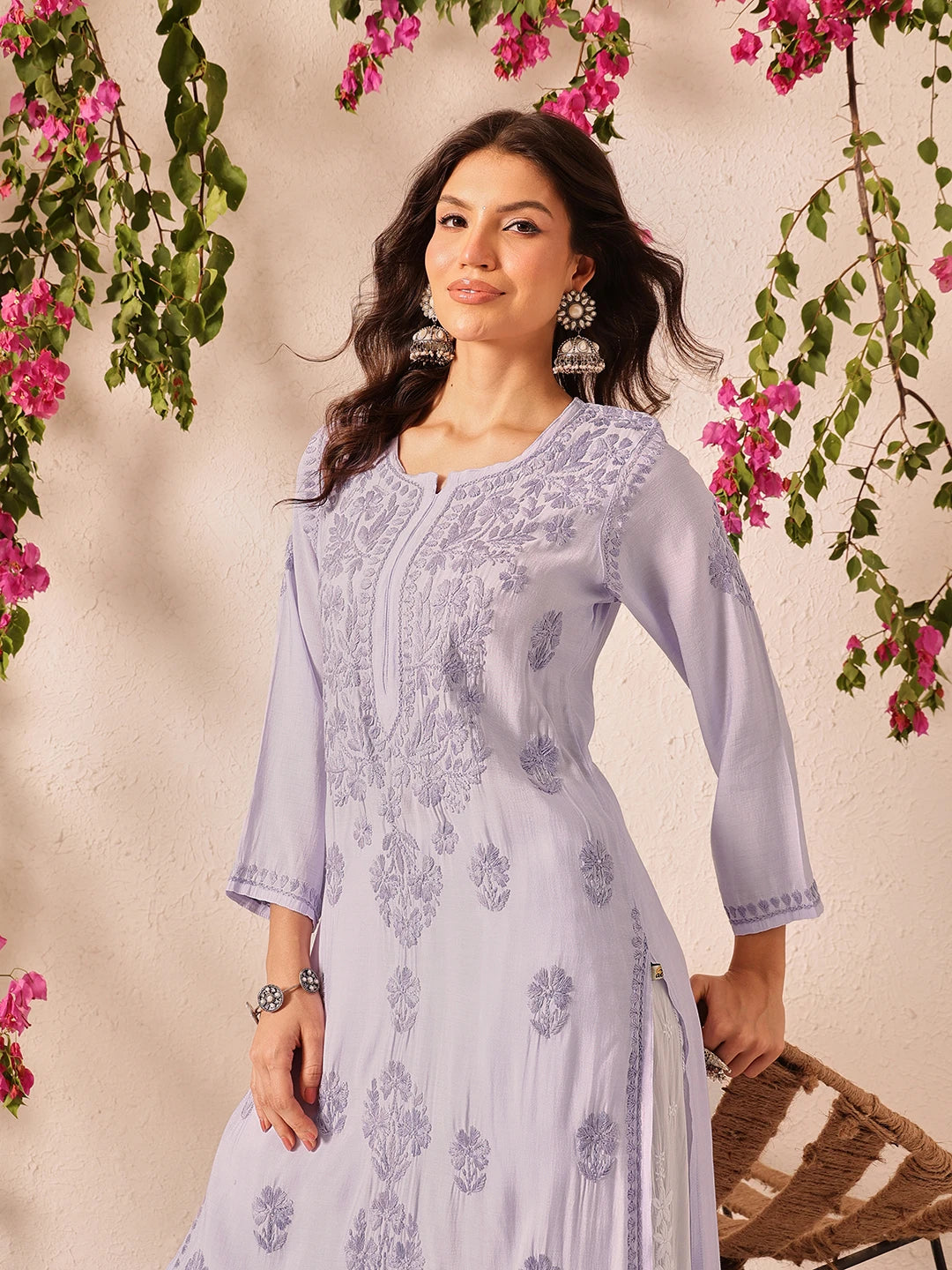 Ada Hand Embroidered Mauve Chanderi Lucknowi Chikankari Straight Kurta A411777