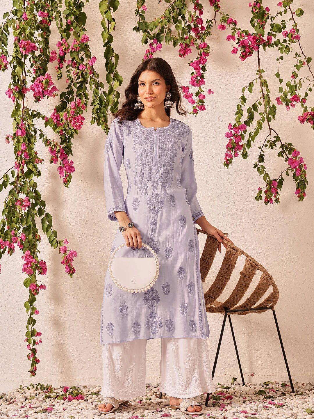 Ada Hand Embroidered Mauve Chanderi Lucknowi Chikankari Straight Kurta A411777