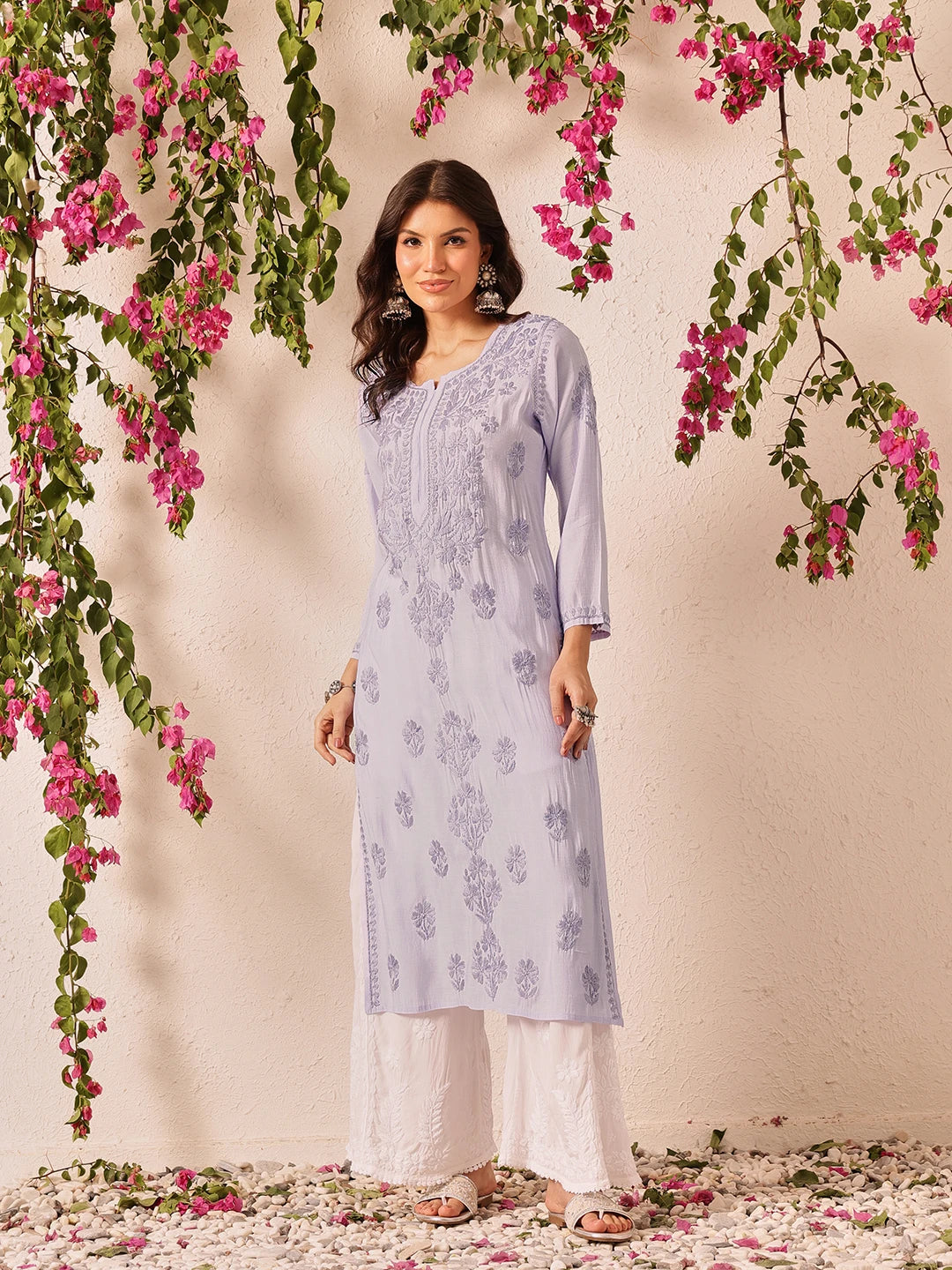 Ada Hand Embroidered Mauve Chanderi Lucknowi Chikankari Straight Kurta A411777