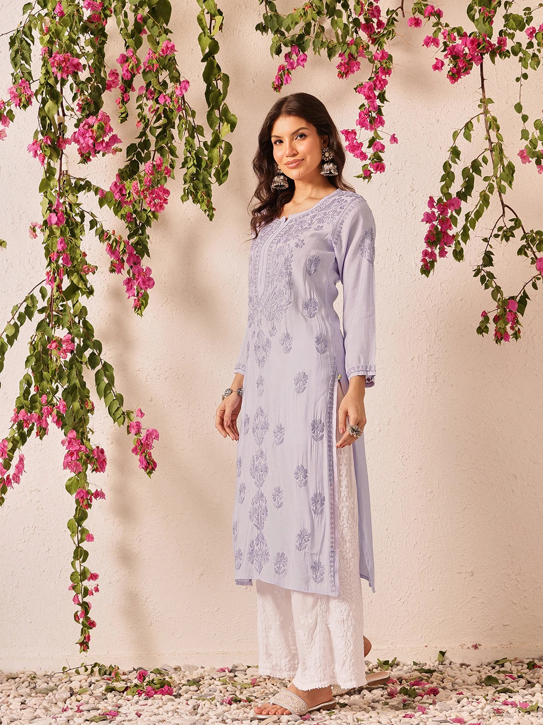 Ada Hand Embroidered Mauve Chanderi Lucknowi Chikankari Straight Kurta A411777