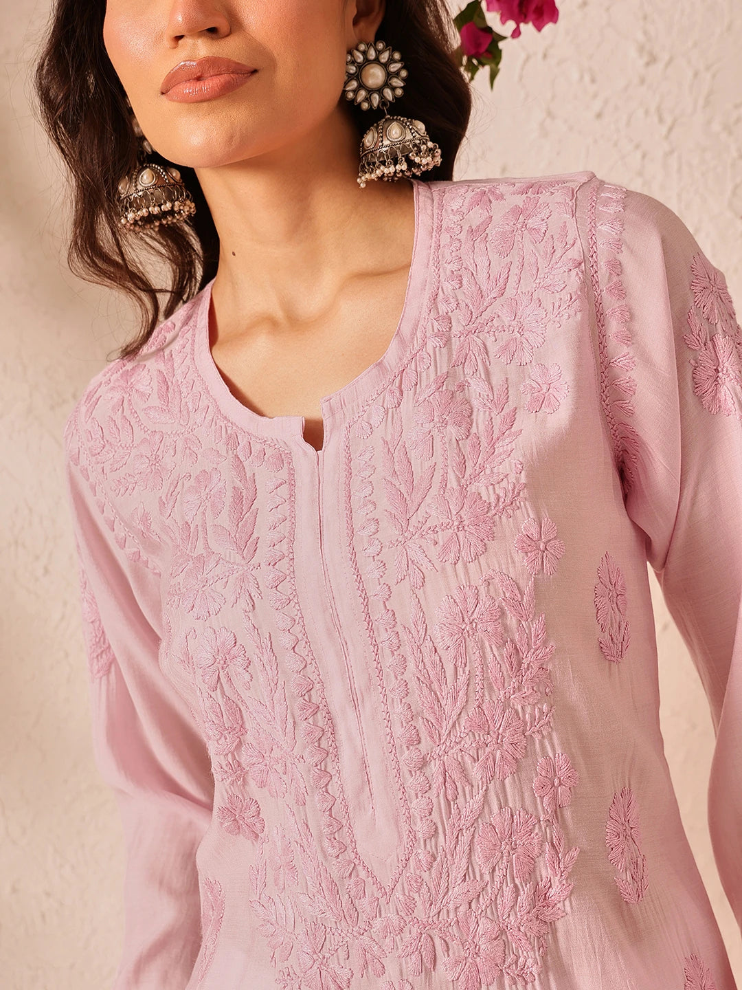 Ada Hand Embroidered Baby Pink Chanderi Lucknowi Chikankari Straight Kurta A411782