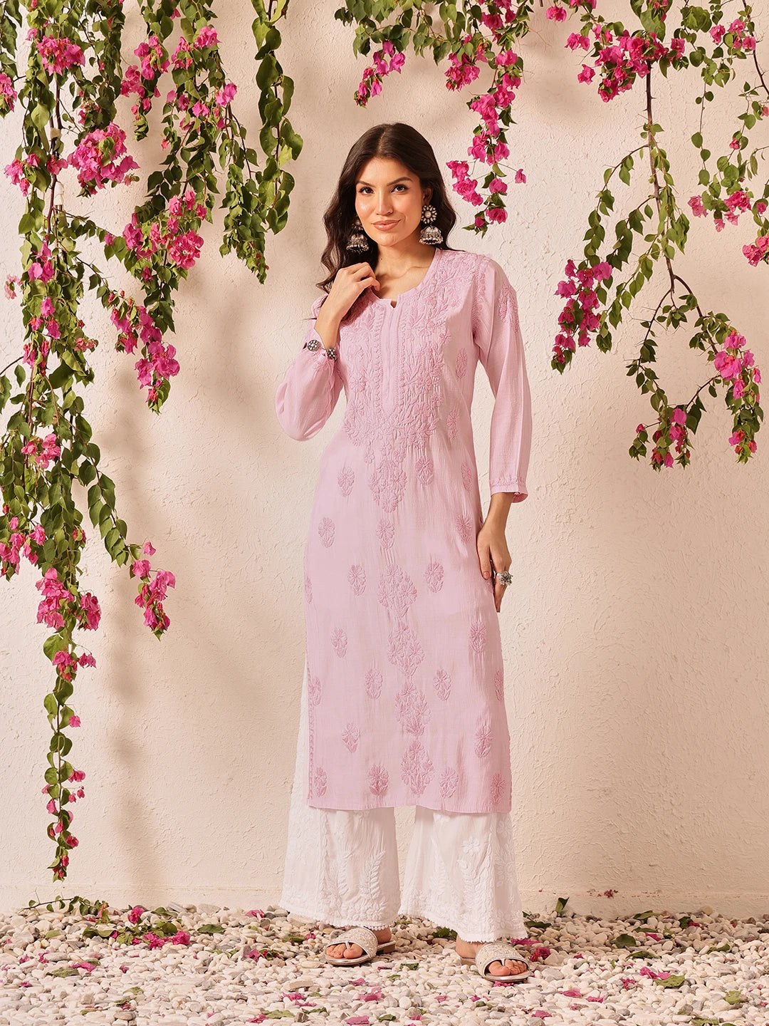 Ada Hand Embroidered Baby Pink Chanderi Lucknowi Chikankari Straight Kurta A411782