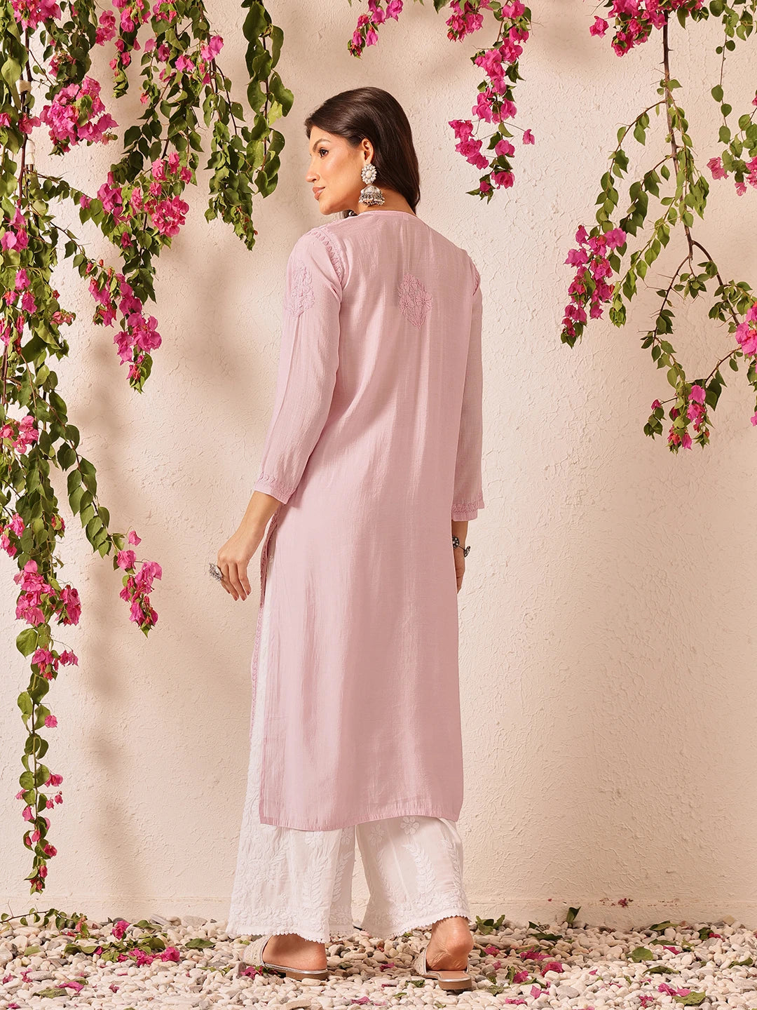 Ada Hand Embroidered Baby Pink Chanderi Lucknowi Chikankari Straight Kurta A411782