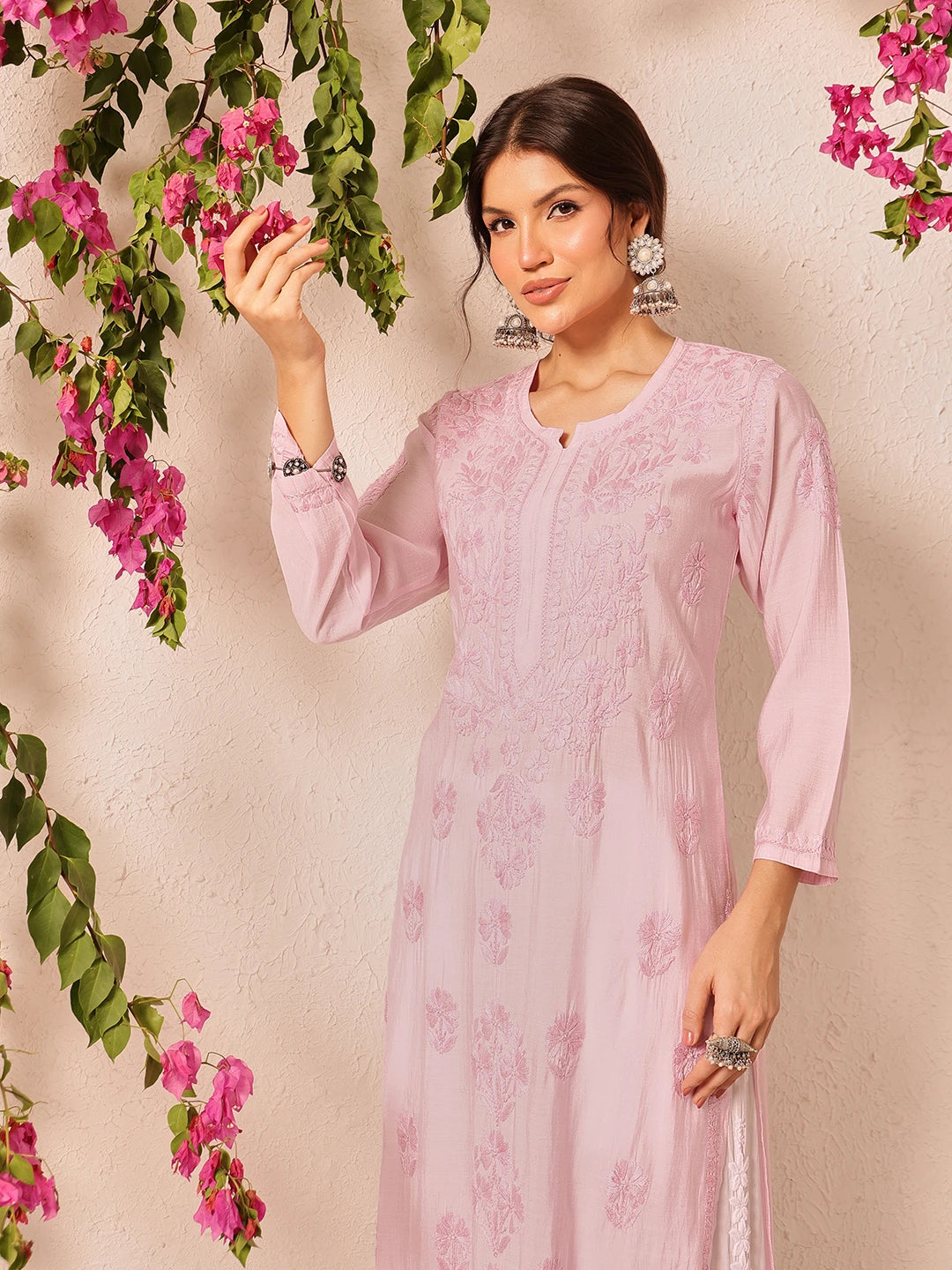Ada Hand Embroidered Baby Pink Chanderi Lucknowi Chikankari Straight Kurta A411782