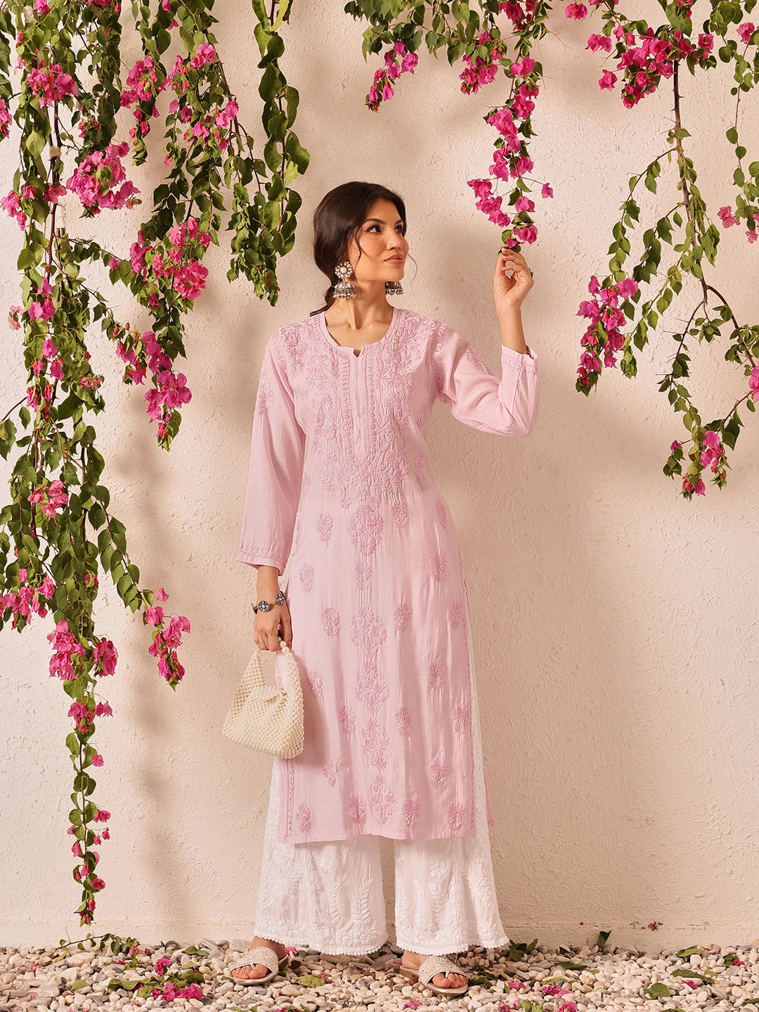 Ada Hand Embroidered Baby Pink Chanderi Lucknowi Chikankari Straight Kurta A411782
