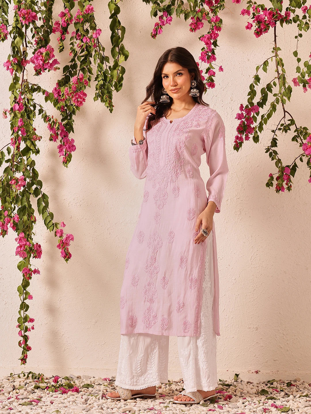 Ada Hand Embroidered Baby Pink Chanderi Lucknowi Chikankari Straight Kurta A411782