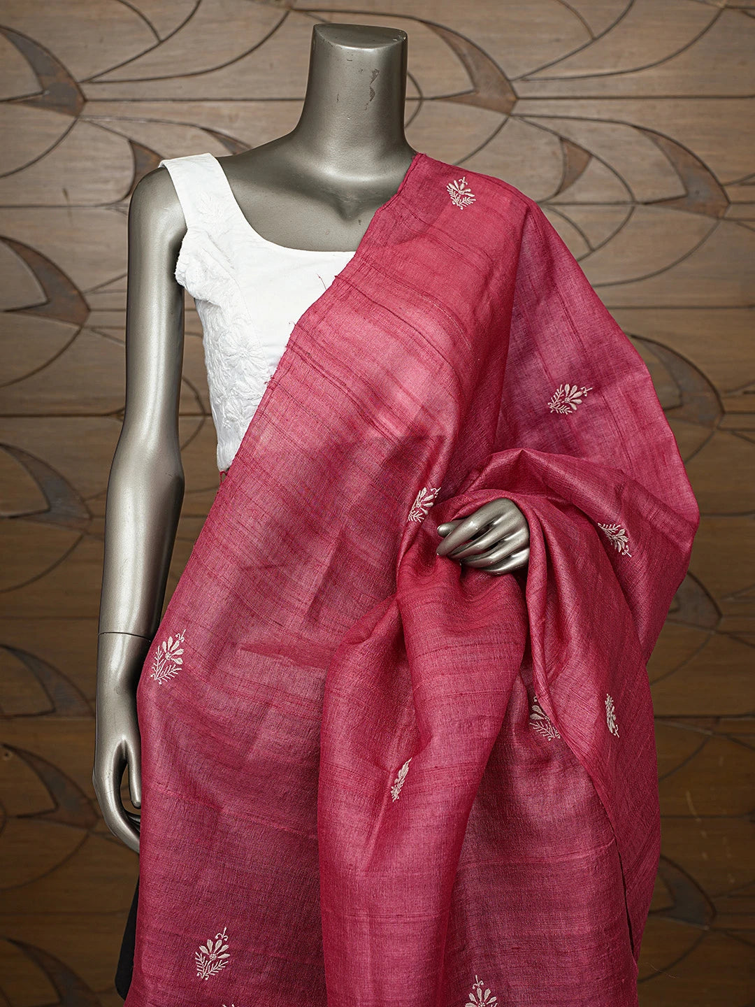 Ada Hand Embroidered Brick Red Tussar Silk Lucknowi Chikankari Dupatta 01A826462