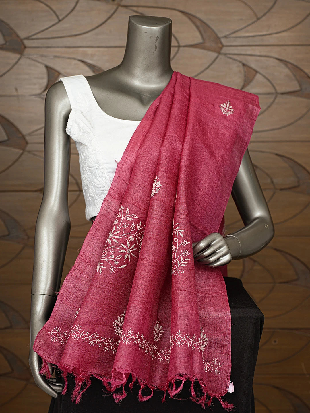 Ada Hand Embroidered Brick Red Tussar Silk Lucknowi Chikankari Dupatta 01A826462