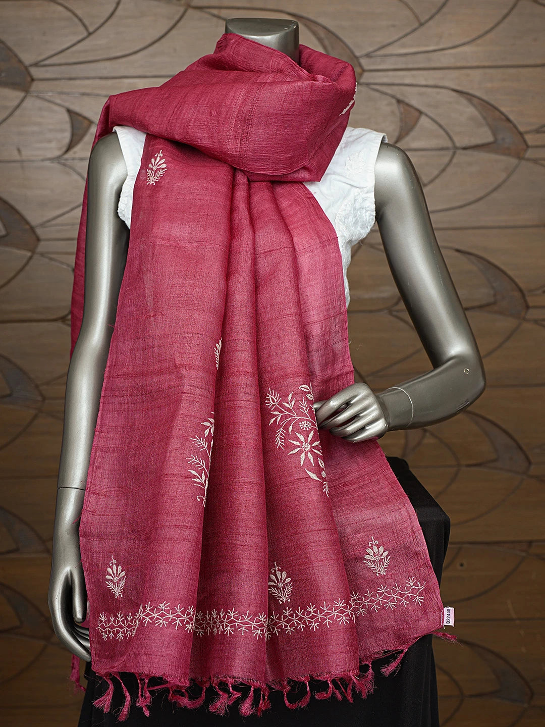 Ada Hand Embroidered Brick Red Tussar Silk Lucknowi Chikankari Dupatta 01A826462