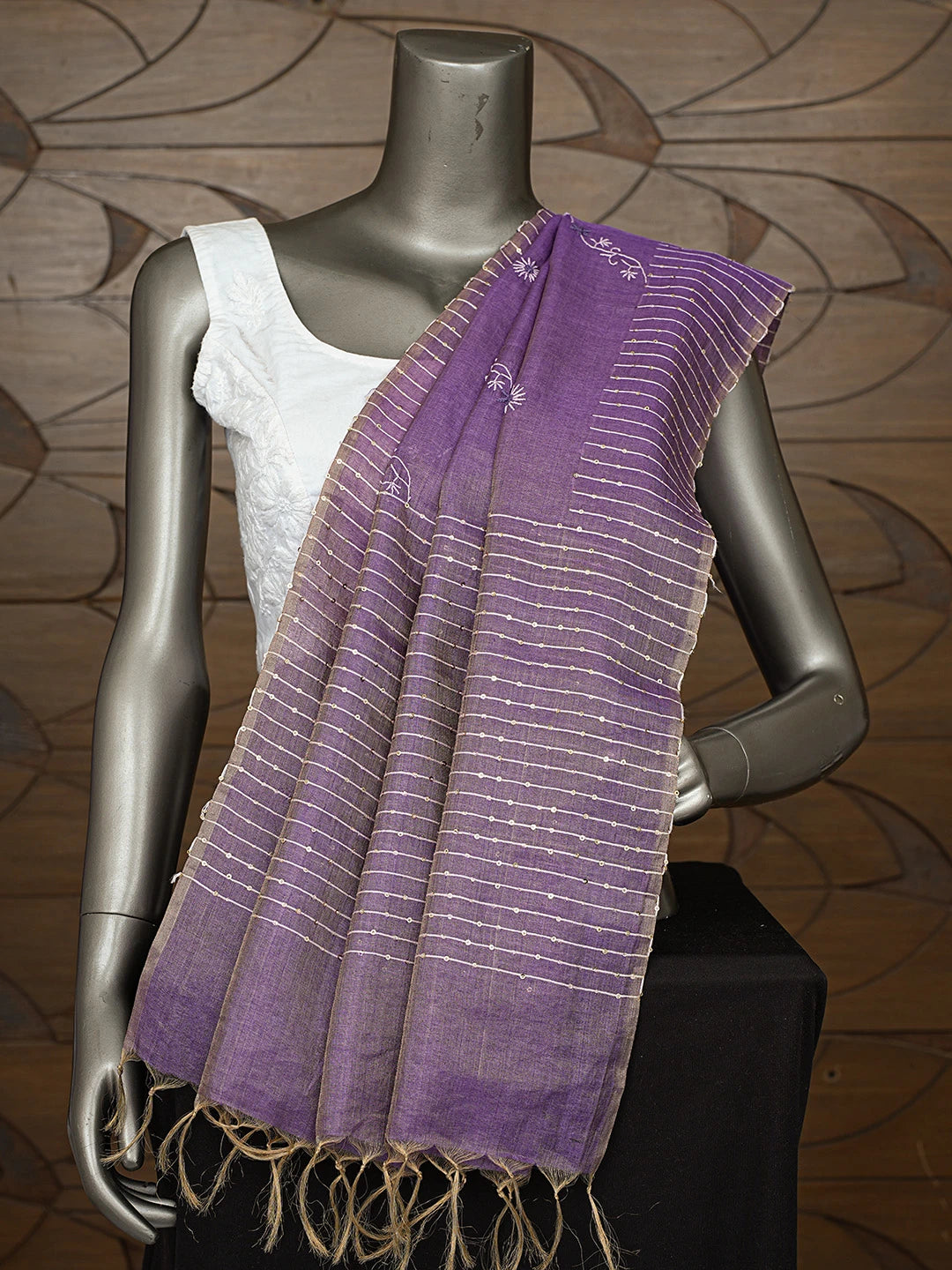 Ada Hand Embroidered Purple Tussar Silk Lucknowi Chikankari Dupatta With Sequinned Work 01A218114
