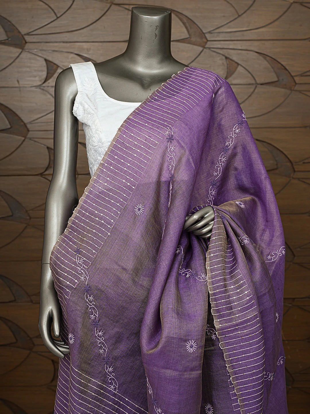 Ada Hand Embroidered Purple Tussar Silk Lucknowi Chikankari Dupatta With Sequinned Work 01A218114