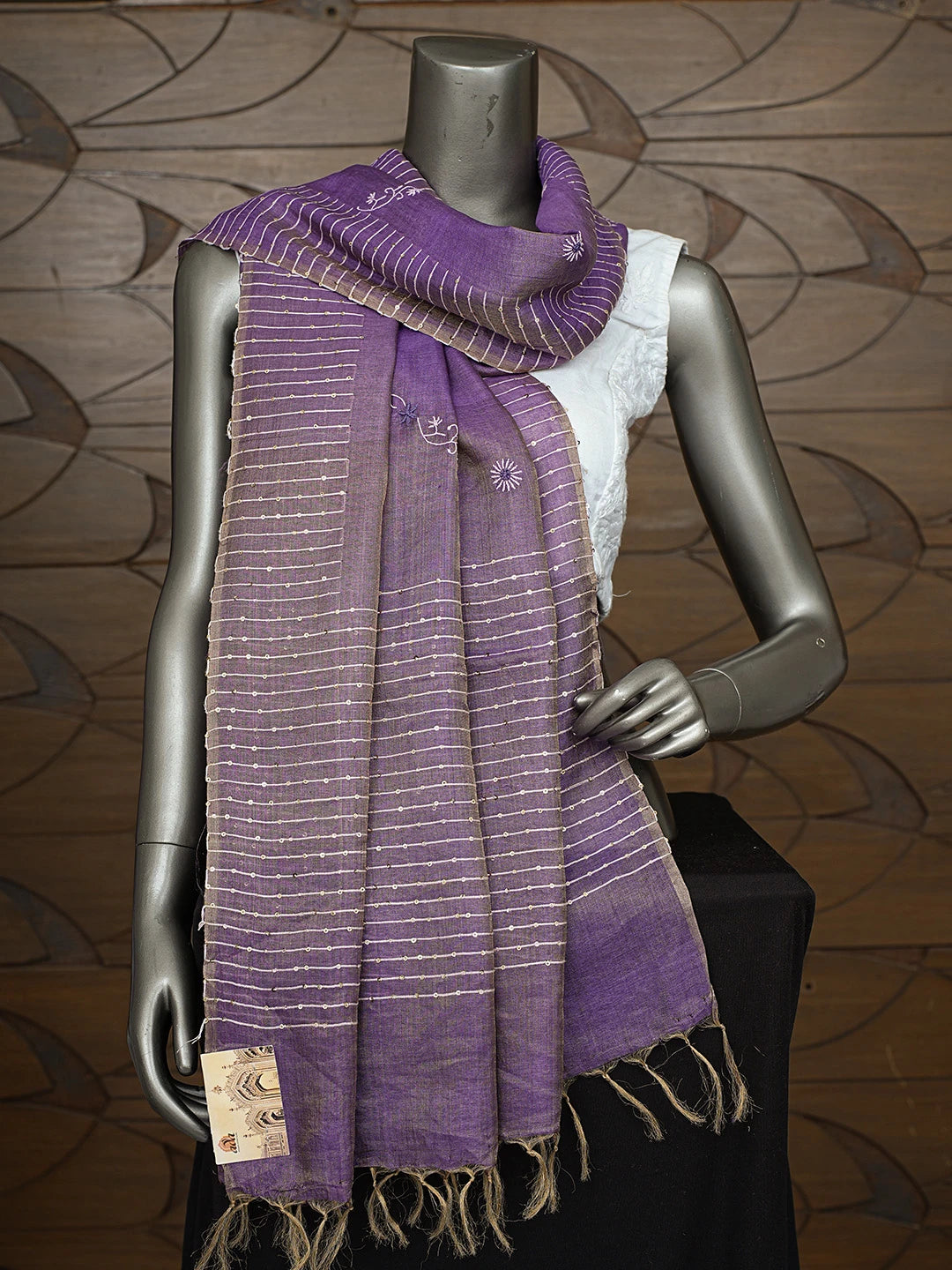 Ada Hand Embroidered Purple Tussar Silk Lucknowi Chikankari Dupatta With Sequinned Work 01A218114