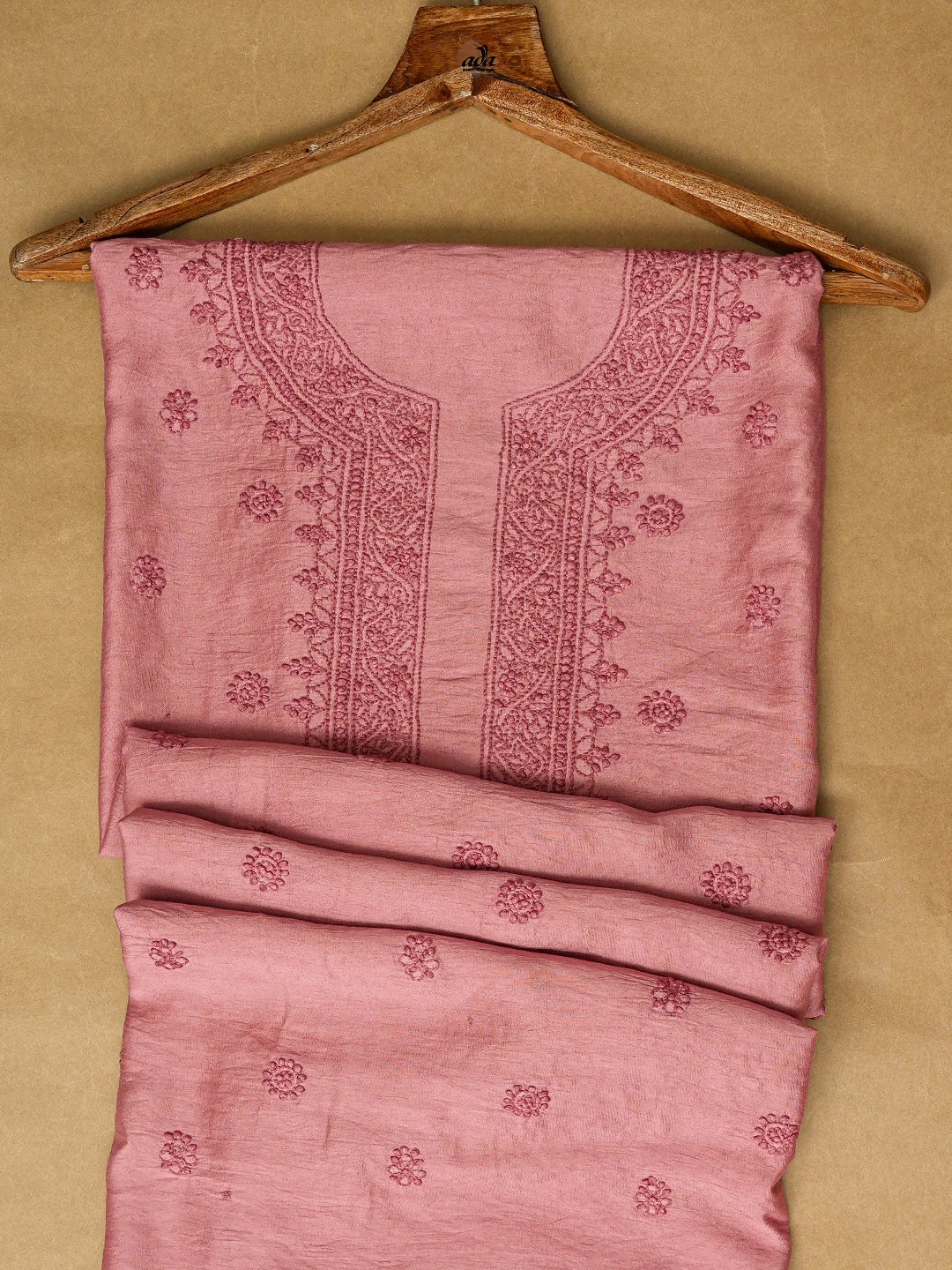 Ada Hand Embroidered Onion Pink Chanderi Lucknowi Chikankari Unstitched Men's Kurta Piece 01A812583