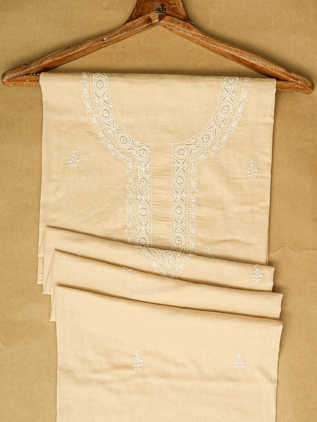 Ada Hand Embroidered Fawn Cotton Lucknowi Chikankari Unstitched Men's Kurta Piece 01A659098