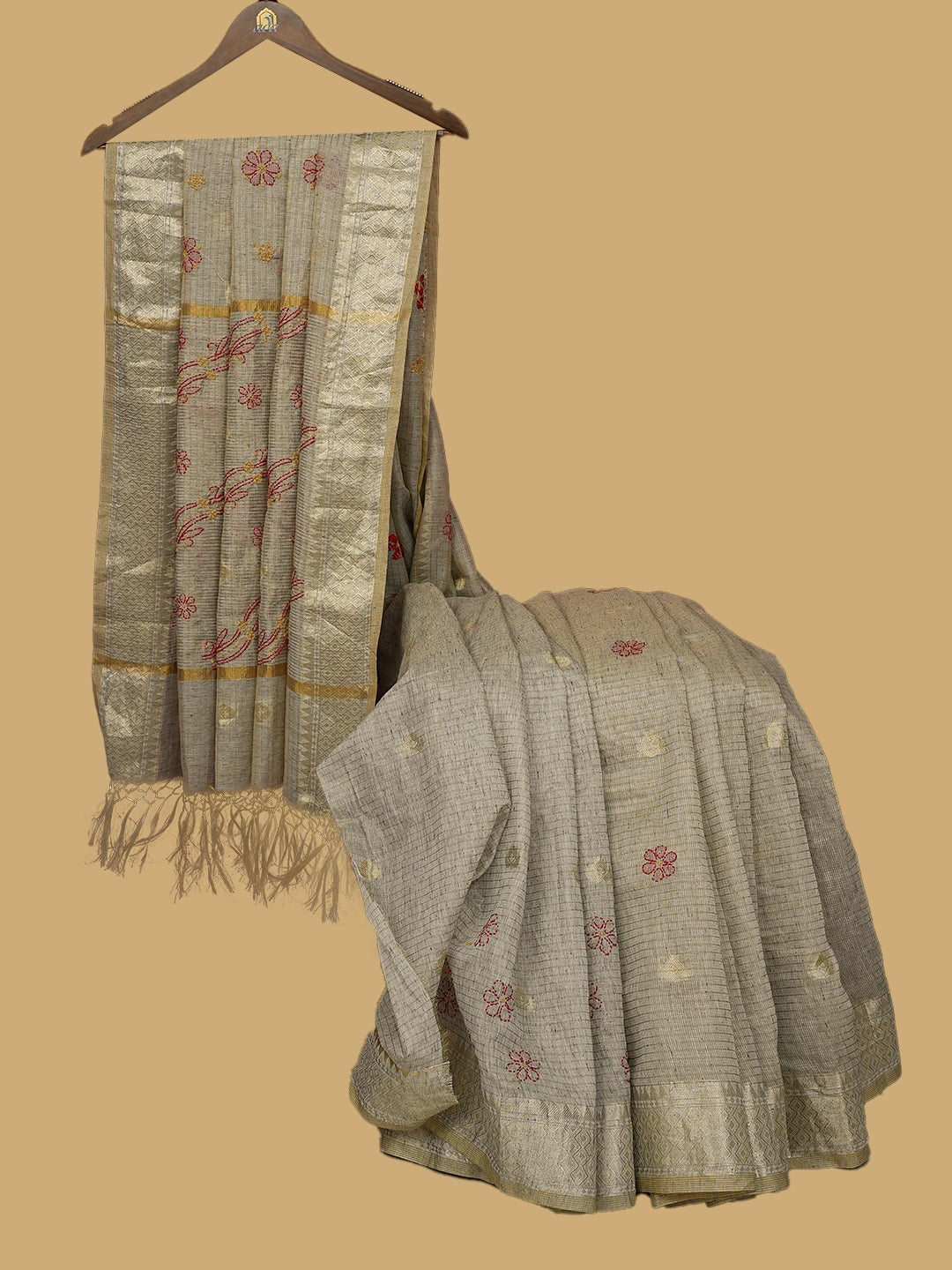Ada Hand Embroidered Fawn Tissue Lucknowi Chikankari Saree and Blouse 01A814550