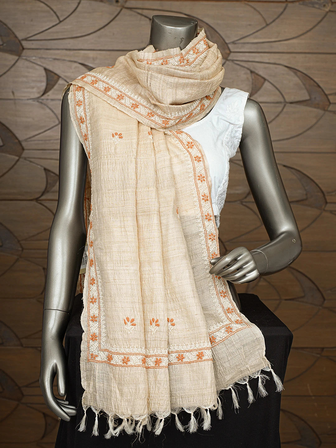 Ada Hand Embroidered Fawn Silk Lucknowi Chikankari Dupatta 01A292065