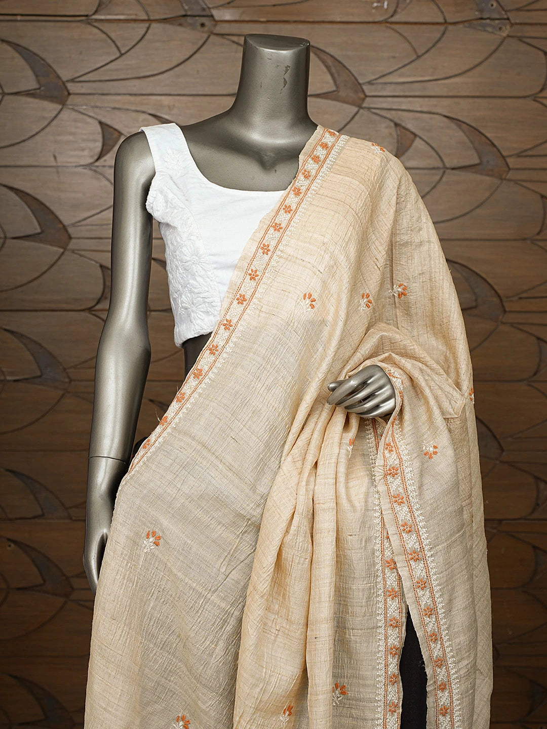 Ada Hand Embroidered Fawn Silk Lucknowi Chikankari Dupatta 01A292065