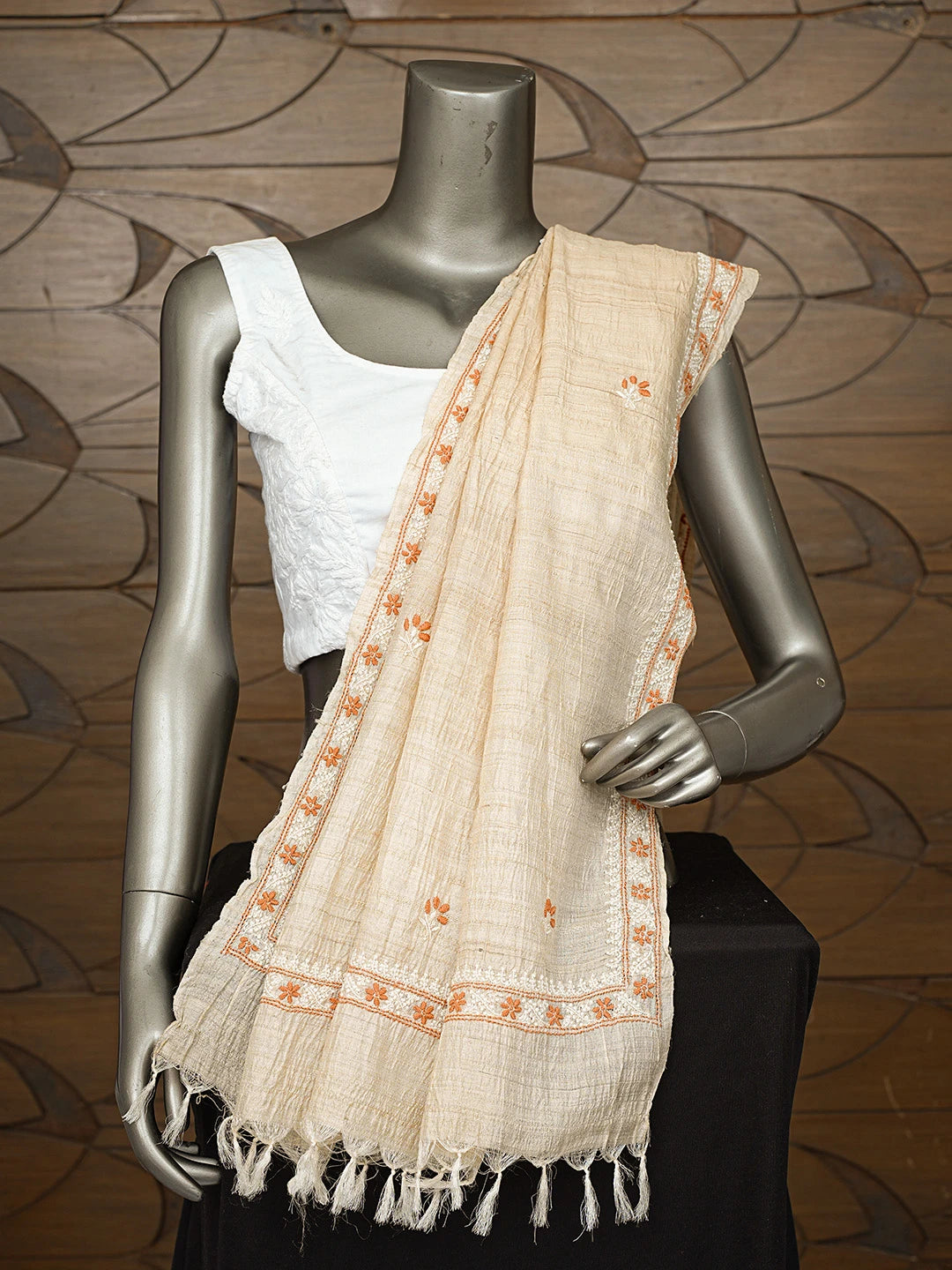 Ada Hand Embroidered Fawn Silk Lucknowi Chikankari Dupatta 01A292065