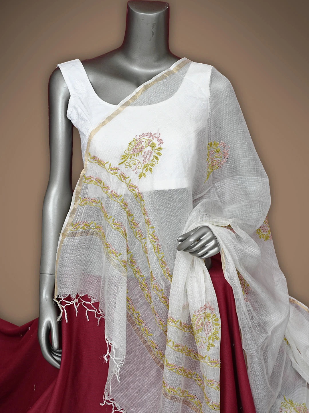 Ada Hand Embroidered White Kota Silk Lucknowi Chikankari Dupatta 01A837216