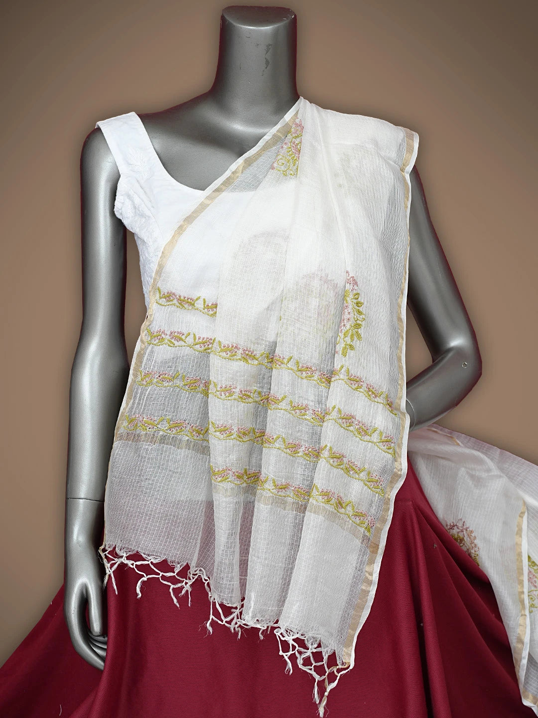 Ada Hand Embroidered White Kota Silk Lucknowi Chikankari Dupatta 01A837216