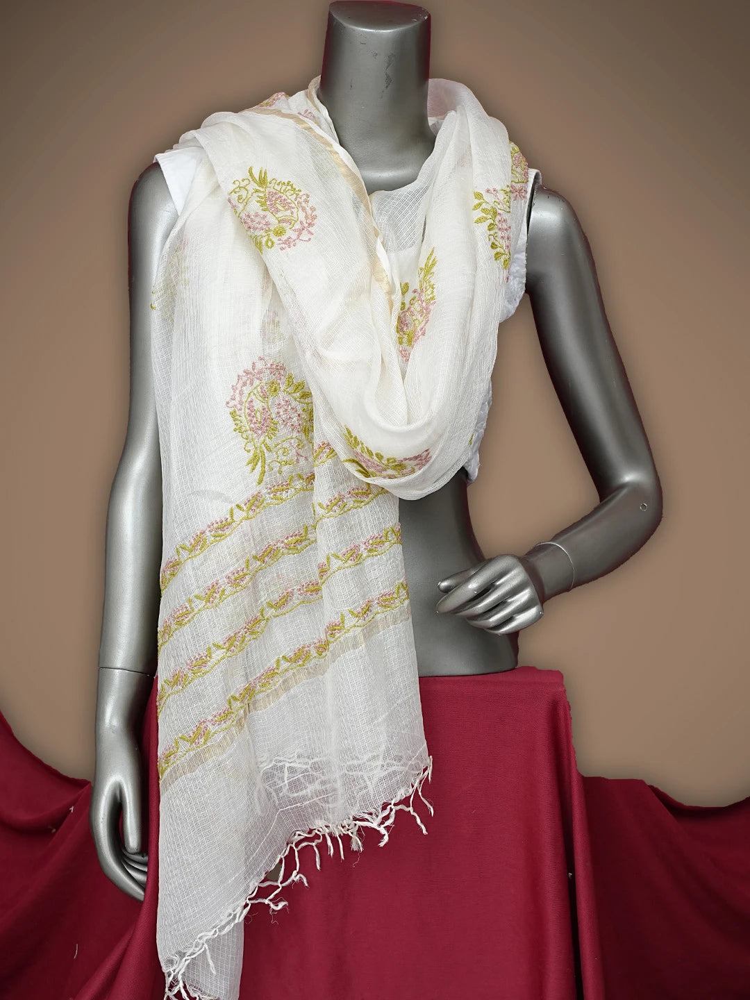 Ada Hand Embroidered White Kota Silk Lucknowi Chikankari Dupatta 01A837216