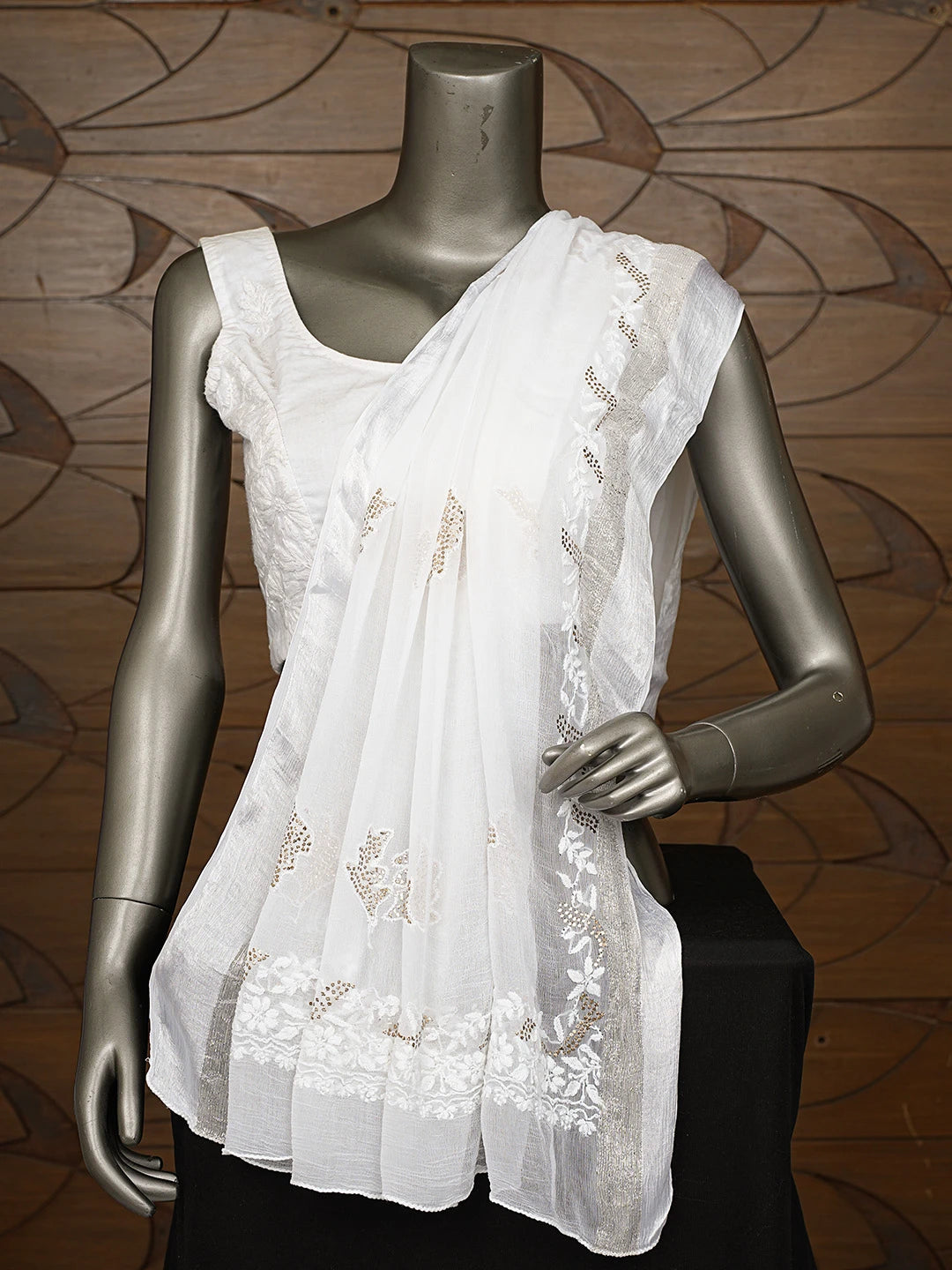 Ada Hand Embroidered White Chiffon Lucknowi Chikankari Dupatta With Mukaish Work 01A550206