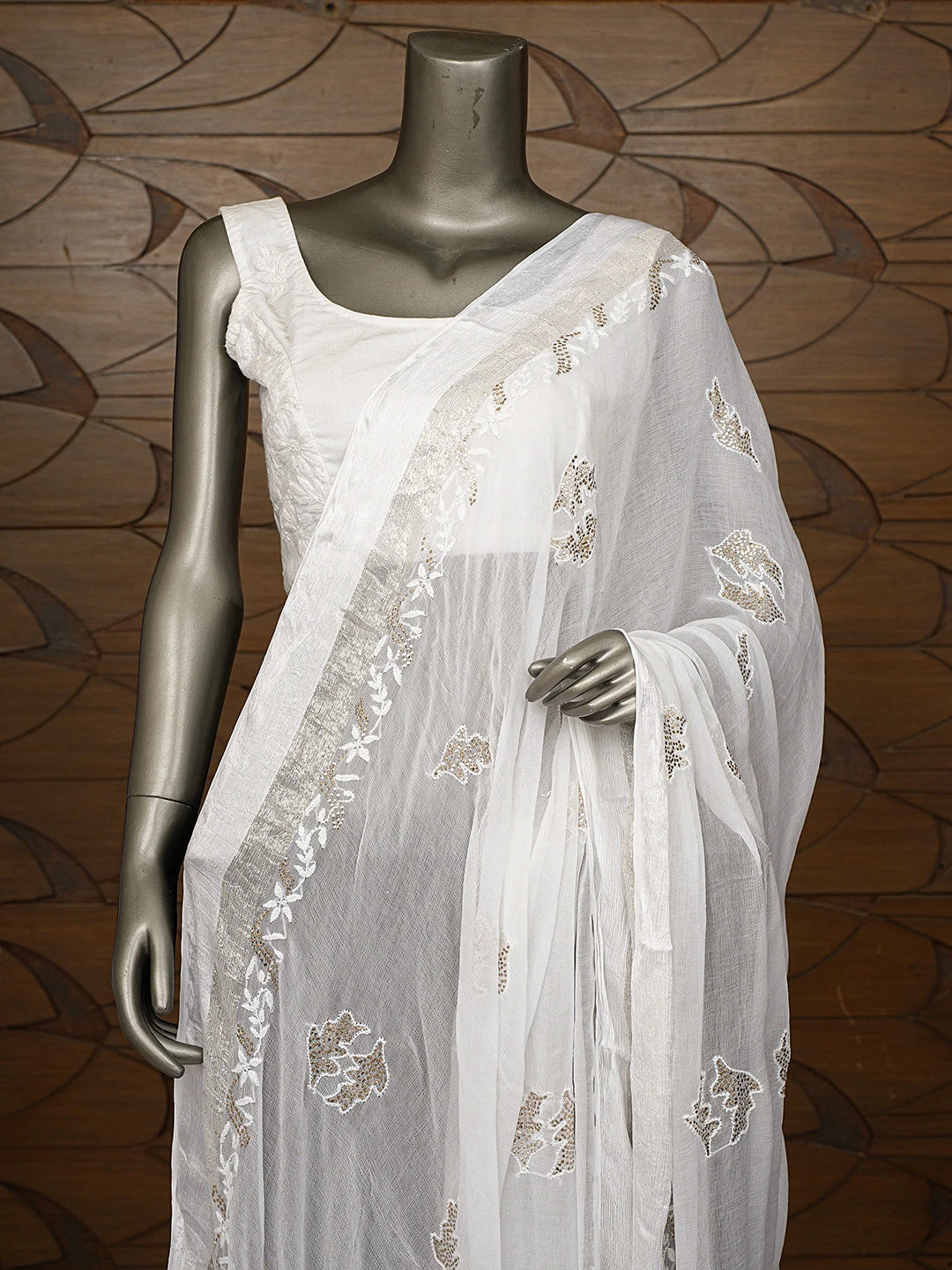 Ada Hand Embroidered White Chiffon Lucknowi Chikankari Dupatta With Mukaish Work 01A550206