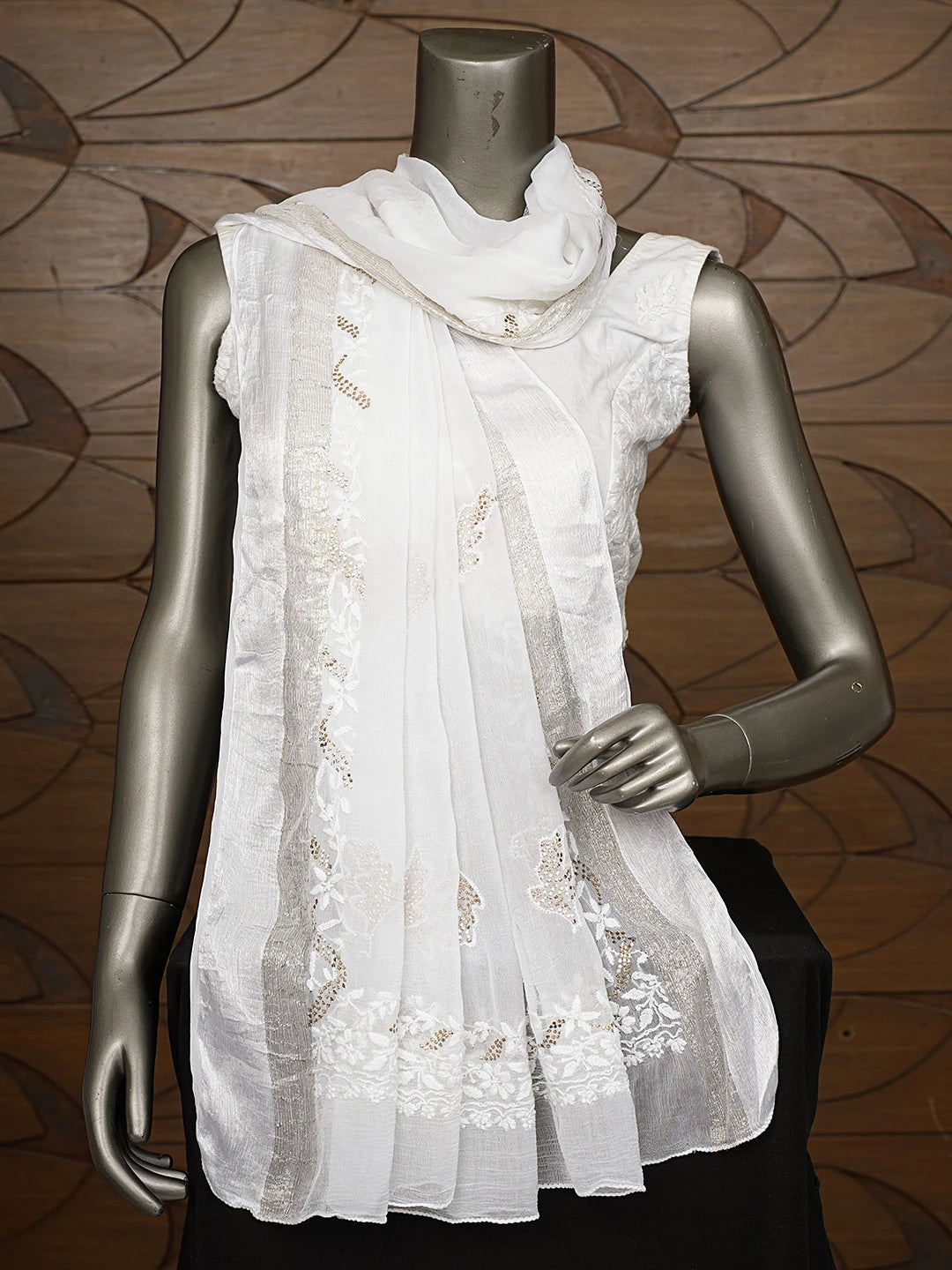 Ada Hand Embroidered White Chiffon Lucknowi Chikankari Dupatta With Mukaish Work 01A550206