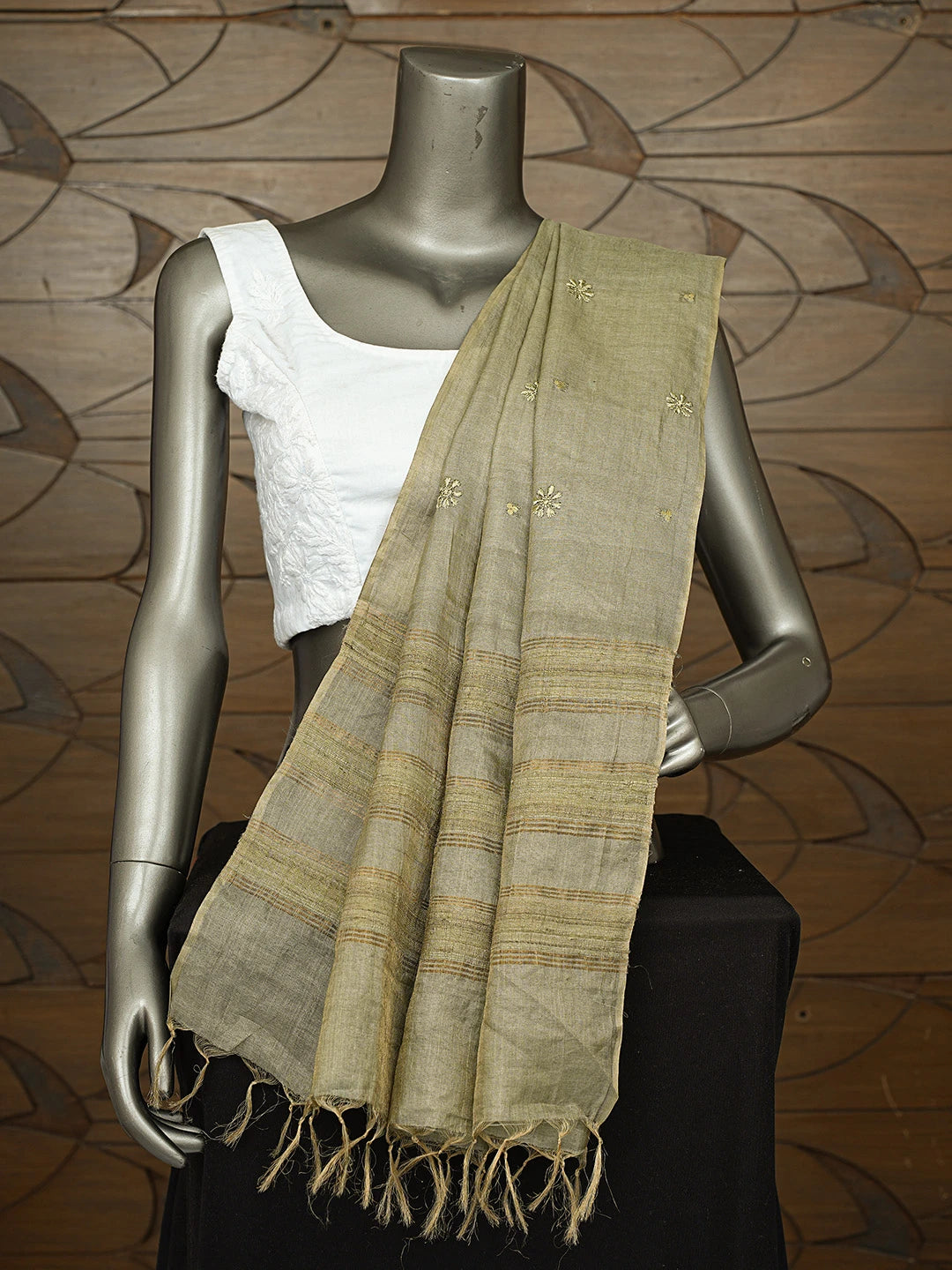 Ada Hand Embroidered Mehandi Green Tussar Silk Lucknowi Chikankari Dupatta 01A264649