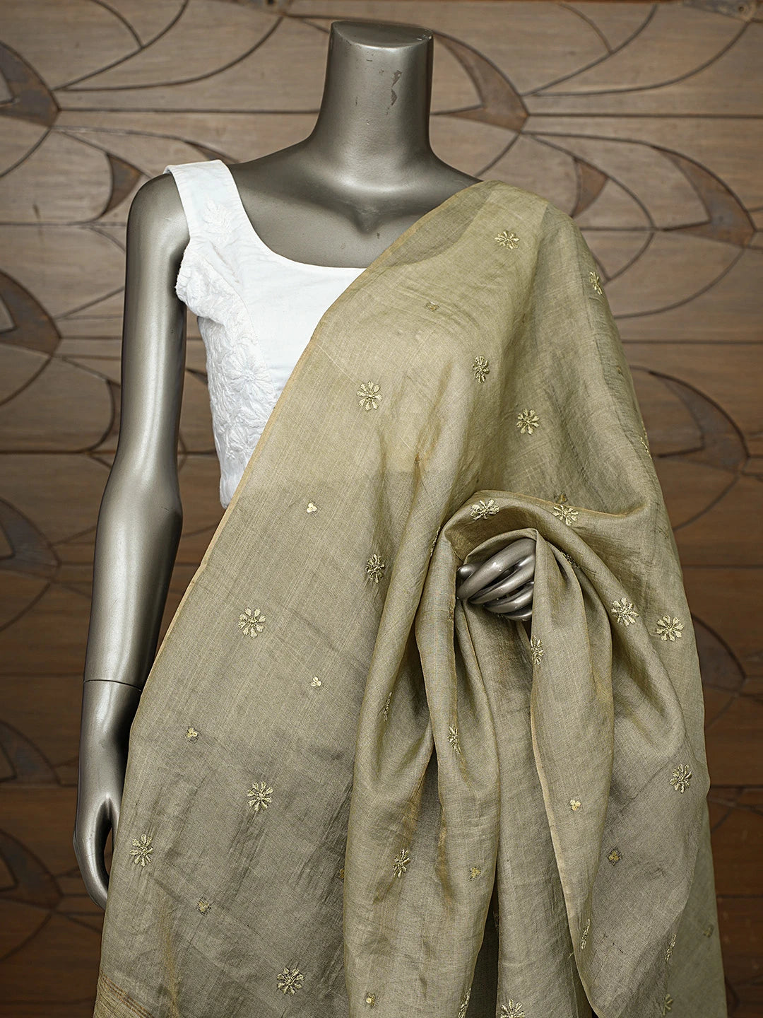 Ada Hand Embroidered Mehandi Green Tussar Silk Lucknowi Chikankari Dupatta 01A264649