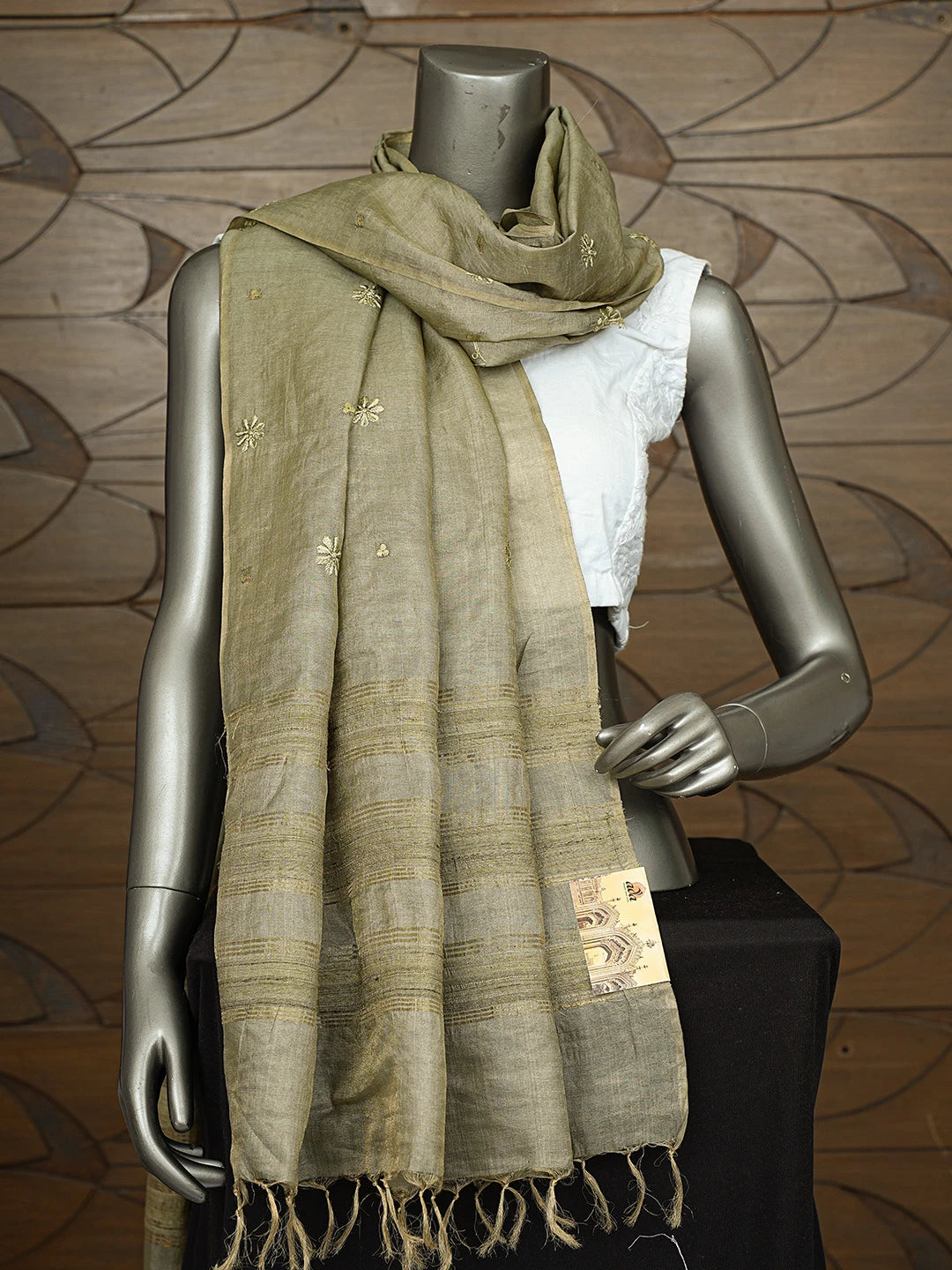 Ada Hand Embroidered Mehandi Green Tussar Silk Lucknowi Chikankari Dupatta 01A264649