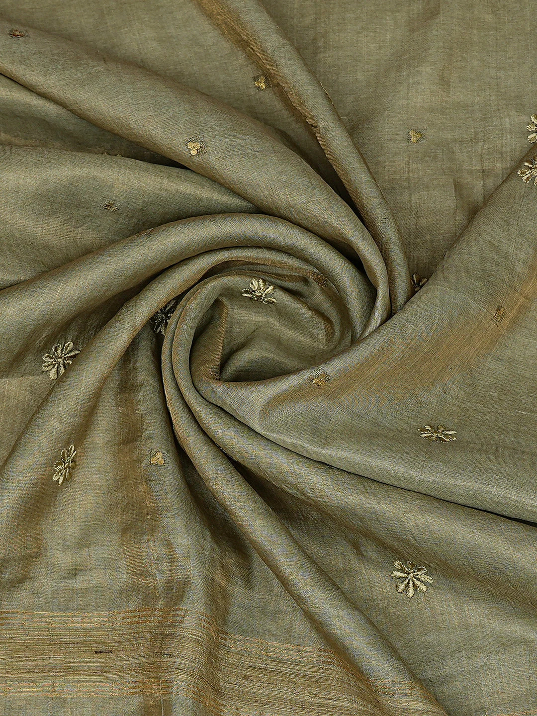 Ada Hand Embroidered Mehandi Green Tussar Silk Lucknowi Chikankari Dupatta 01A264649