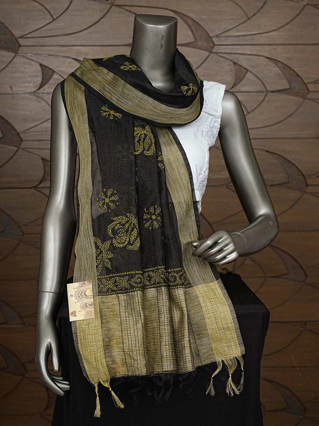 Ada Hand Embroidered Black Chanderi Lucknowi Chikankari Dupatta 01A774302