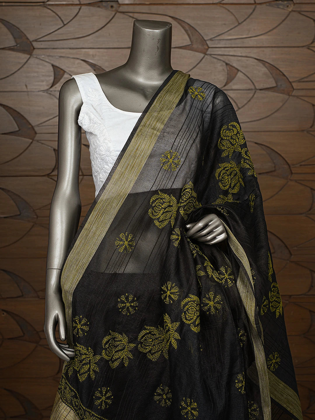 Ada Hand Embroidered Black Chanderi Lucknowi Chikankari Dupatta 01A774302