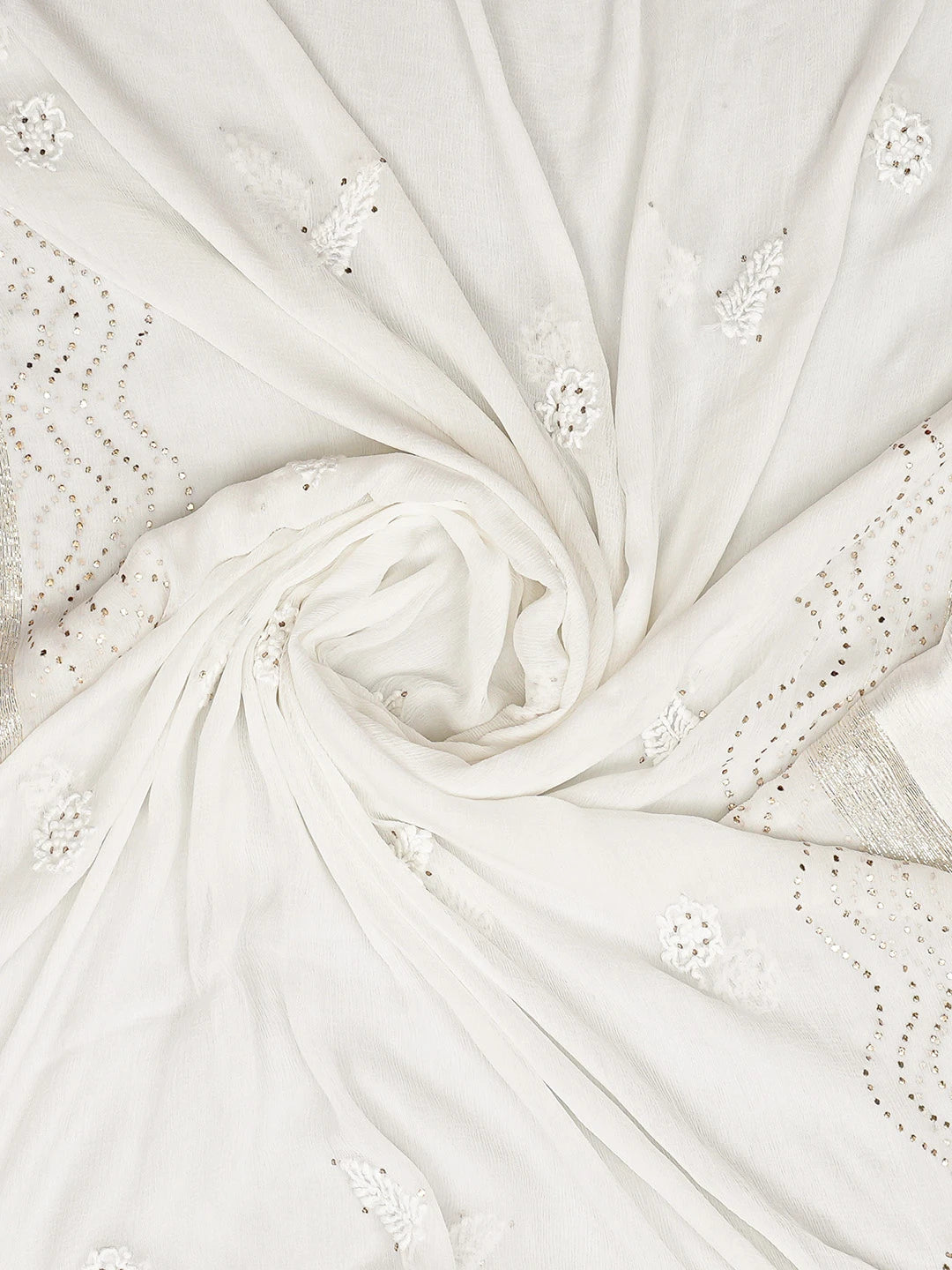 Ada Hand Embroidered White Chiffon Lucknowi Chikankari Dupatta With Mukaish Work 01A721824
