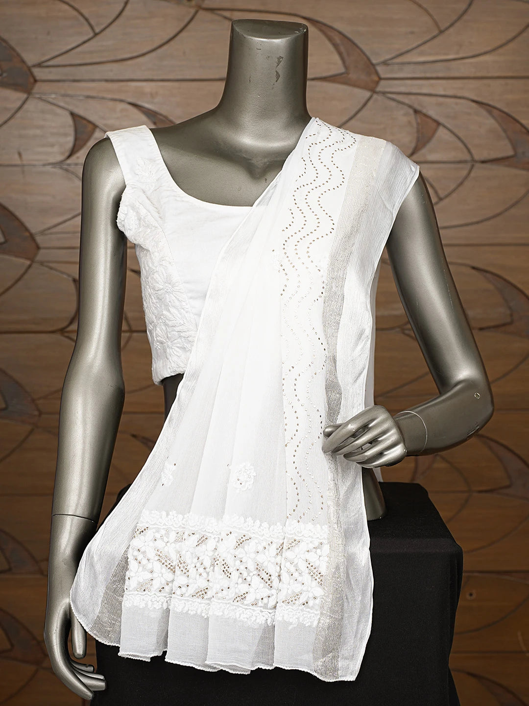 Ada Hand Embroidered White Chiffon Lucknowi Chikankari Dupatta With Mukaish Work 01A721824