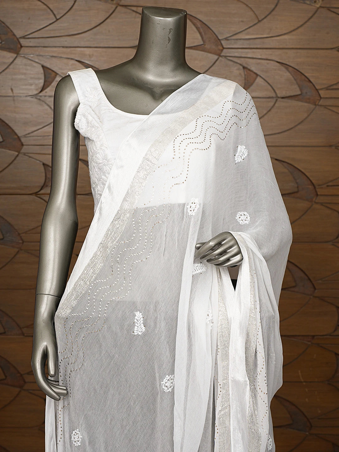 Ada Hand Embroidered White Chiffon Lucknowi Chikankari Dupatta With Mukaish Work 01A721824