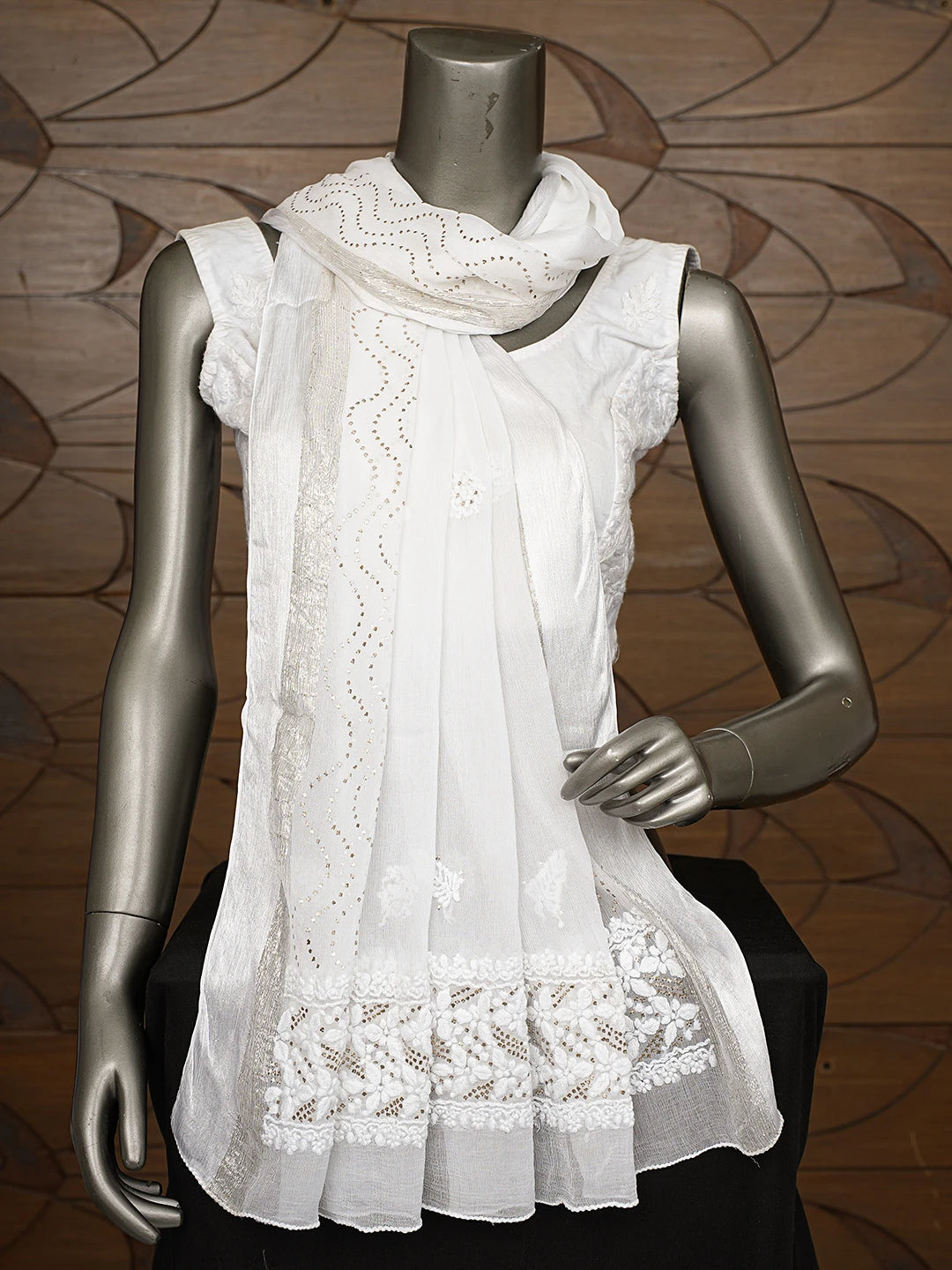 Ada Hand Embroidered White Chiffon Lucknowi Chikankari Dupatta With Mukaish Work 01A721824