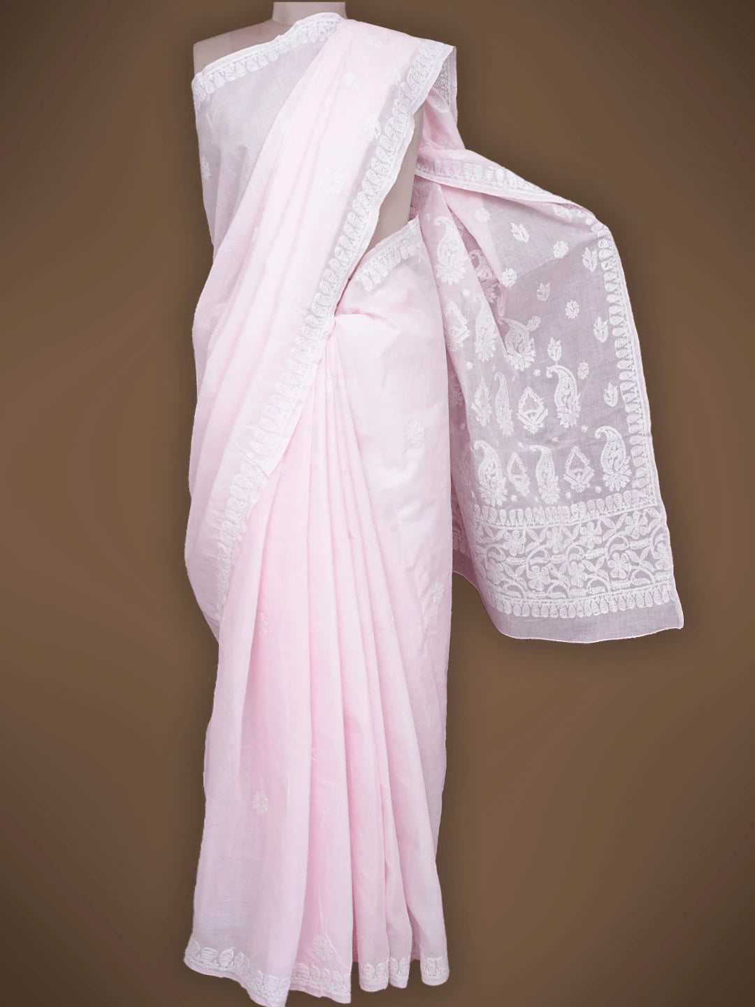 Ada Hand Embroidered Pink Cotton Lucknowi Chikankari Saree With Blouse 01A838183