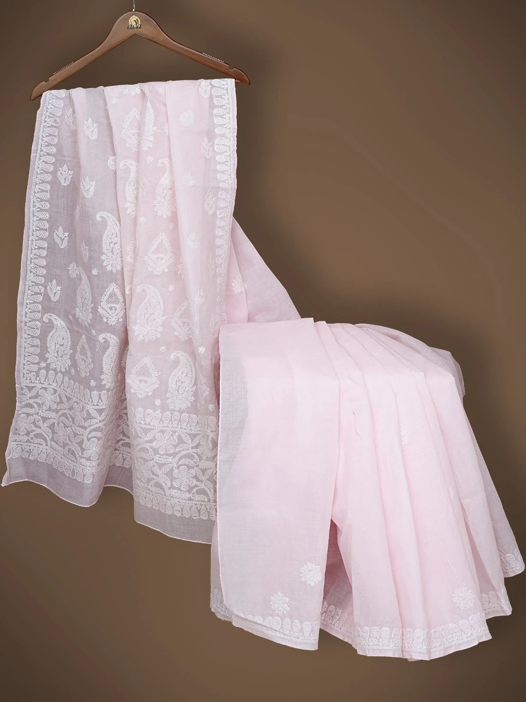 Ada Hand Embroidered Pink Cotton Lucknowi Chikankari Saree With Blouse 01A838183