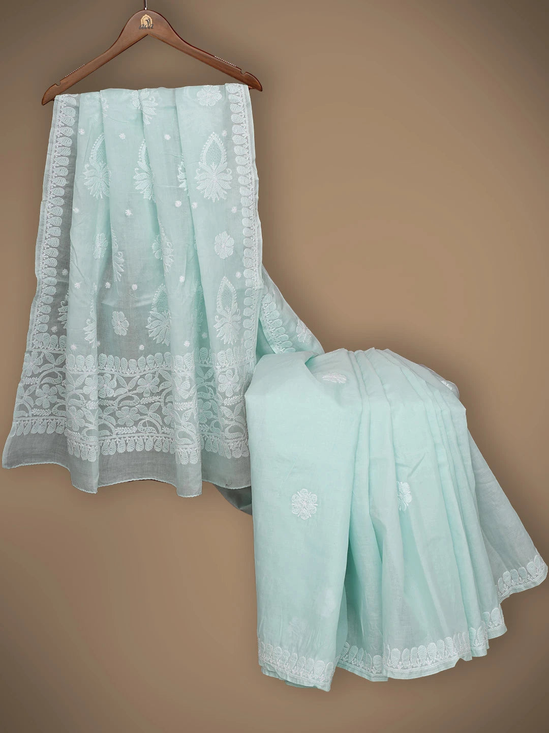 Ada Hand Embroidered Sea Green Cotton Lucknowi Chikankari Saree With Blouse 01A838190
