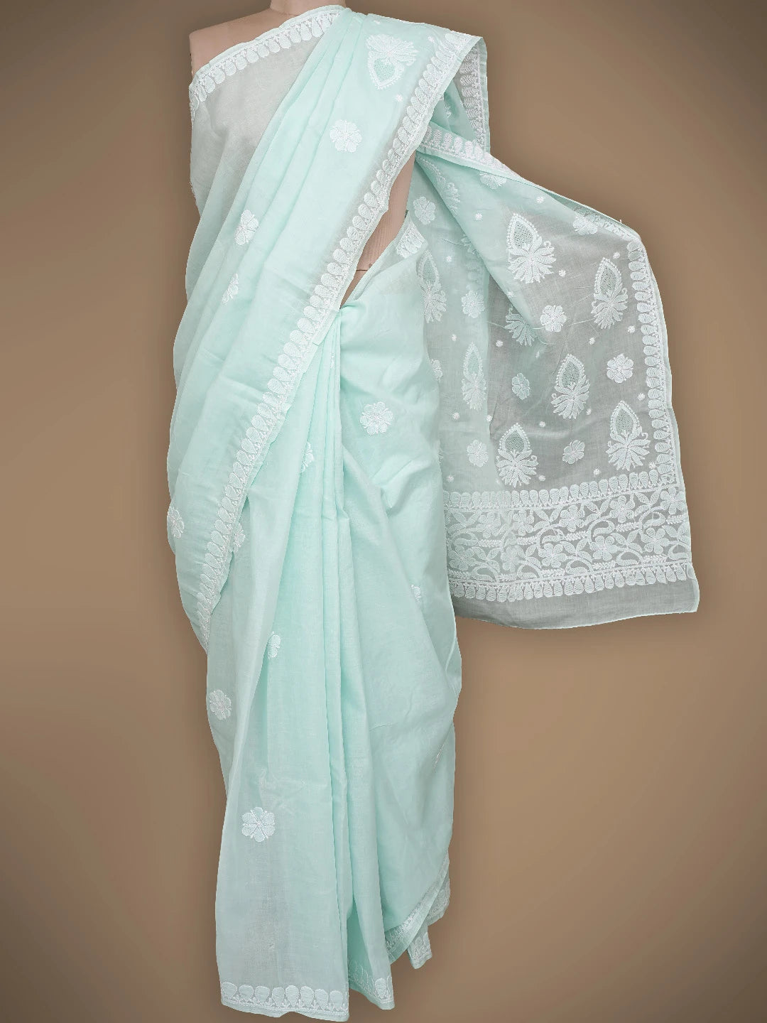 Ada Hand Embroidered Sea Green Cotton Lucknowi Chikankari Saree With Blouse 01A838190