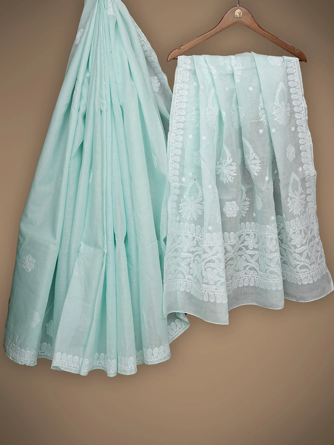 Ada Hand Embroidered Sea Green Cotton Lucknowi Chikankari Saree With Blouse 01A838190