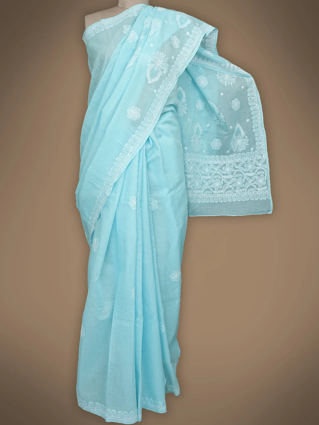 Ada Hand Embroidered Blue Cotton Lucknowi Chikankari Saree With Blouse 01A838189