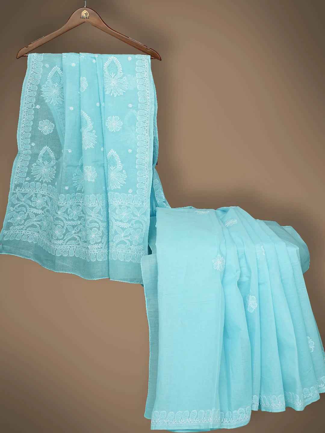 Ada Hand Embroidered Blue Cotton Lucknowi Chikankari Saree With Blouse 01A838189