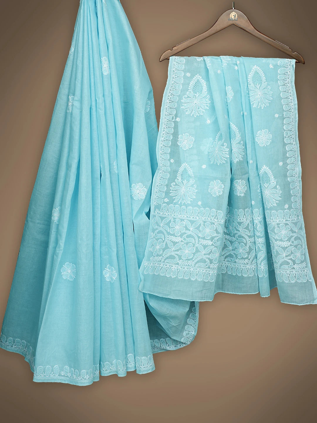 Ada Hand Embroidered Blue Cotton Lucknowi Chikankari Saree With Blouse 01A838189