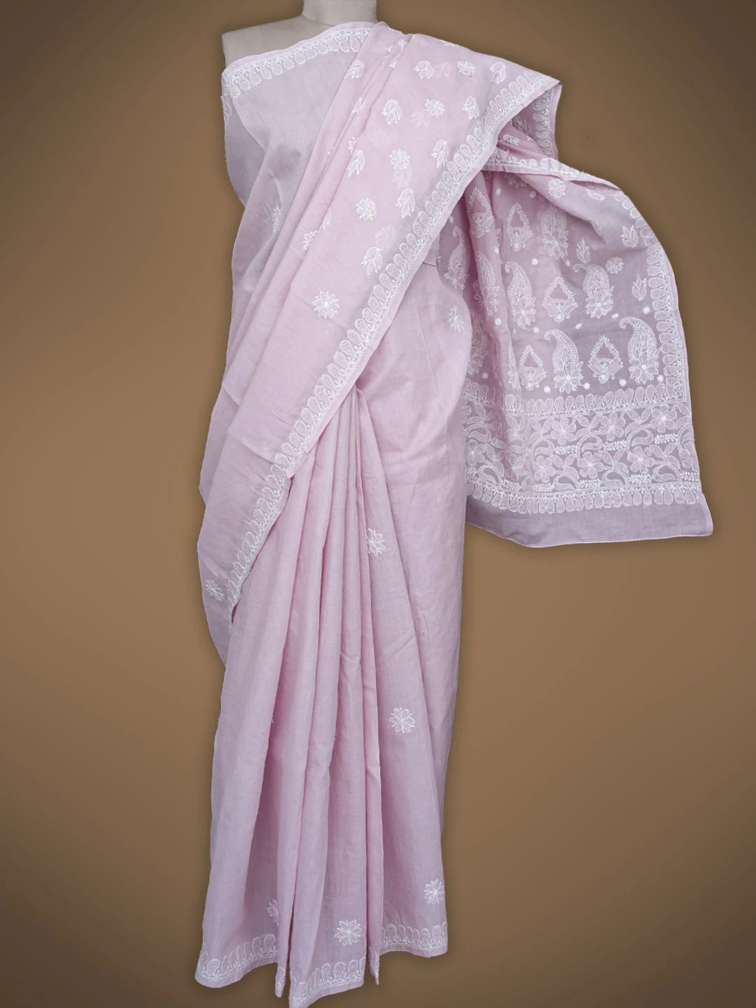 Ada Hand Embroidered Dusty Rose Pink Cotton Lucknowi Chikankari Saree With Blouse 01A838187