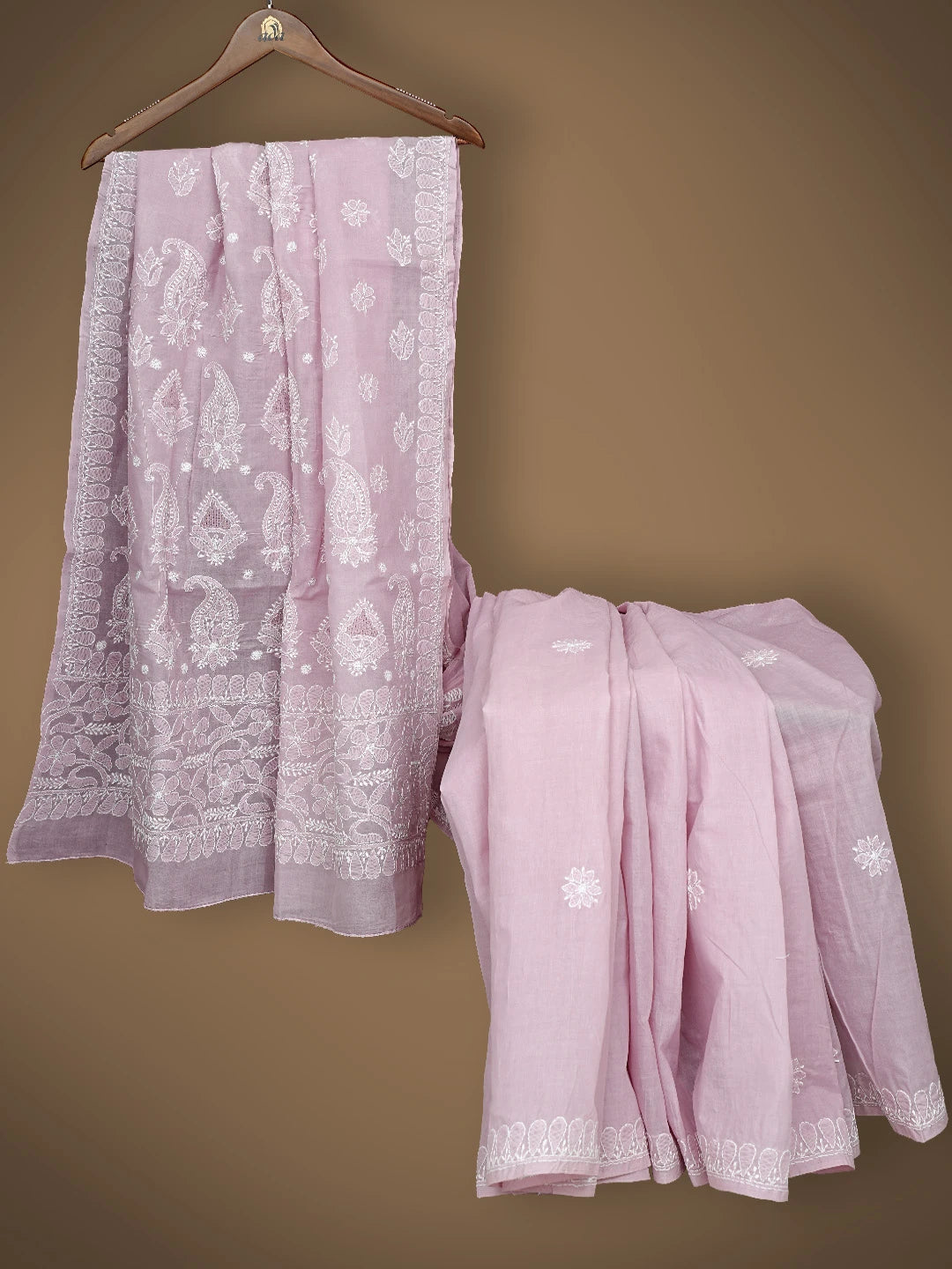 Ada Hand Embroidered Dusty Rose Pink Cotton Lucknowi Chikankari Saree With Blouse 01A838187