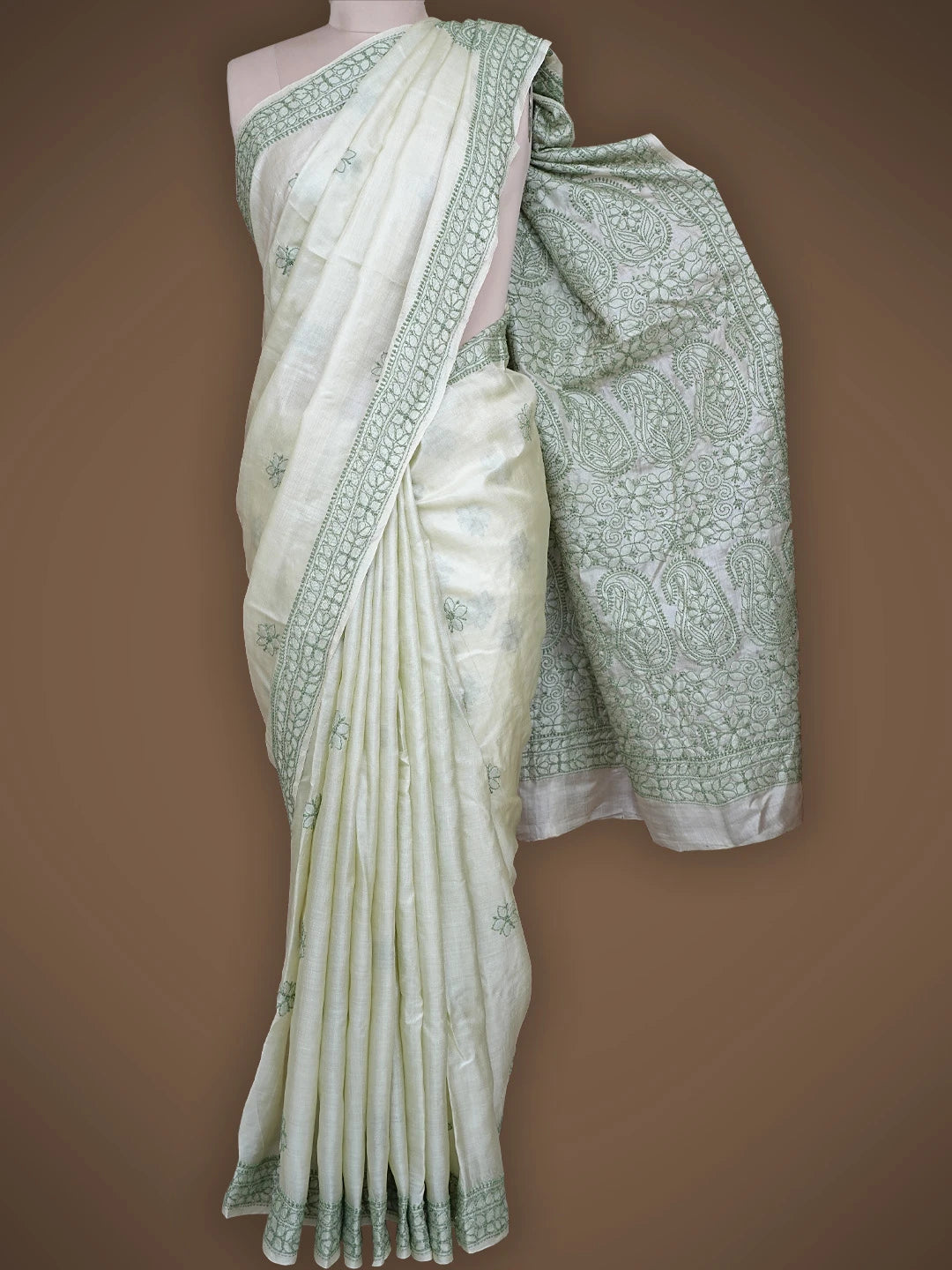 Ada Hand Embroidered Olive Green Tussar Silk Lucknowi Chikankari Saree With Blouse 01A837944