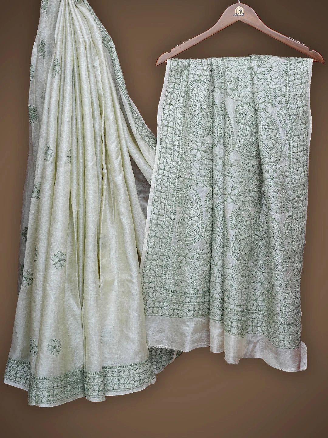 Ada Hand Embroidered Olive Green Tussar Silk Lucknowi Chikankari Saree With Blouse 01A837944